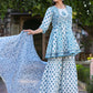 Juniper Women's Blue Cotton Cambric Floral Placement Printed Anarkali Kurta Sharara & Dupatta Set | Swadesiicart