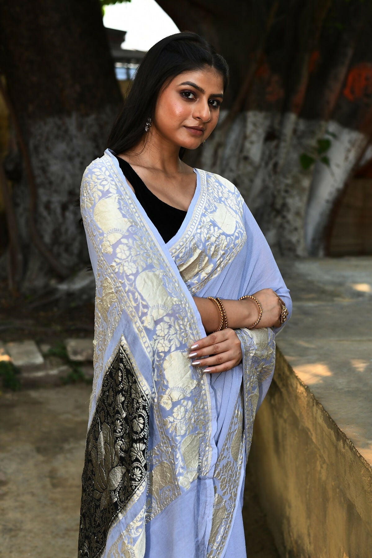 Joban Fashion Silver Crepe Chiffon Pure Handloom Banarasi Silk Saree | Swadesiicart