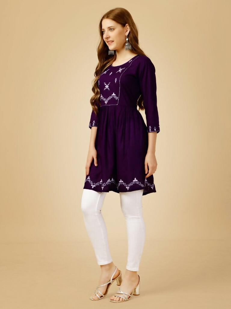 Jyoti Fashion Women's Purple Viscose Rayon Embroidered Casual Top | Swadesiicart