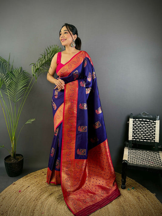 Joban Fashion Maroon Peacock Banarasi Silk Sarees | Swadesiicart