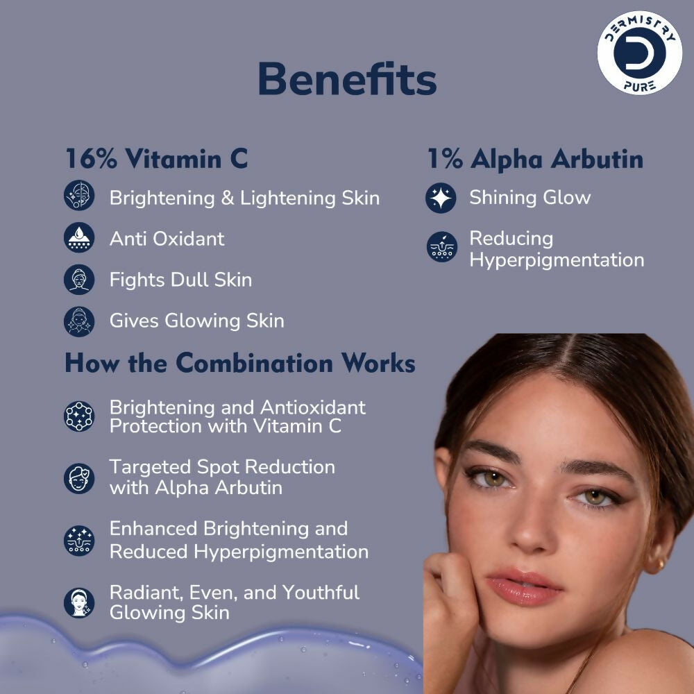 Dermistry Pure 16% Vitamin C 1% Alpha Arbutin Skin Light Bright Glowing Spot Corrector Face Serum - Swadesiicart