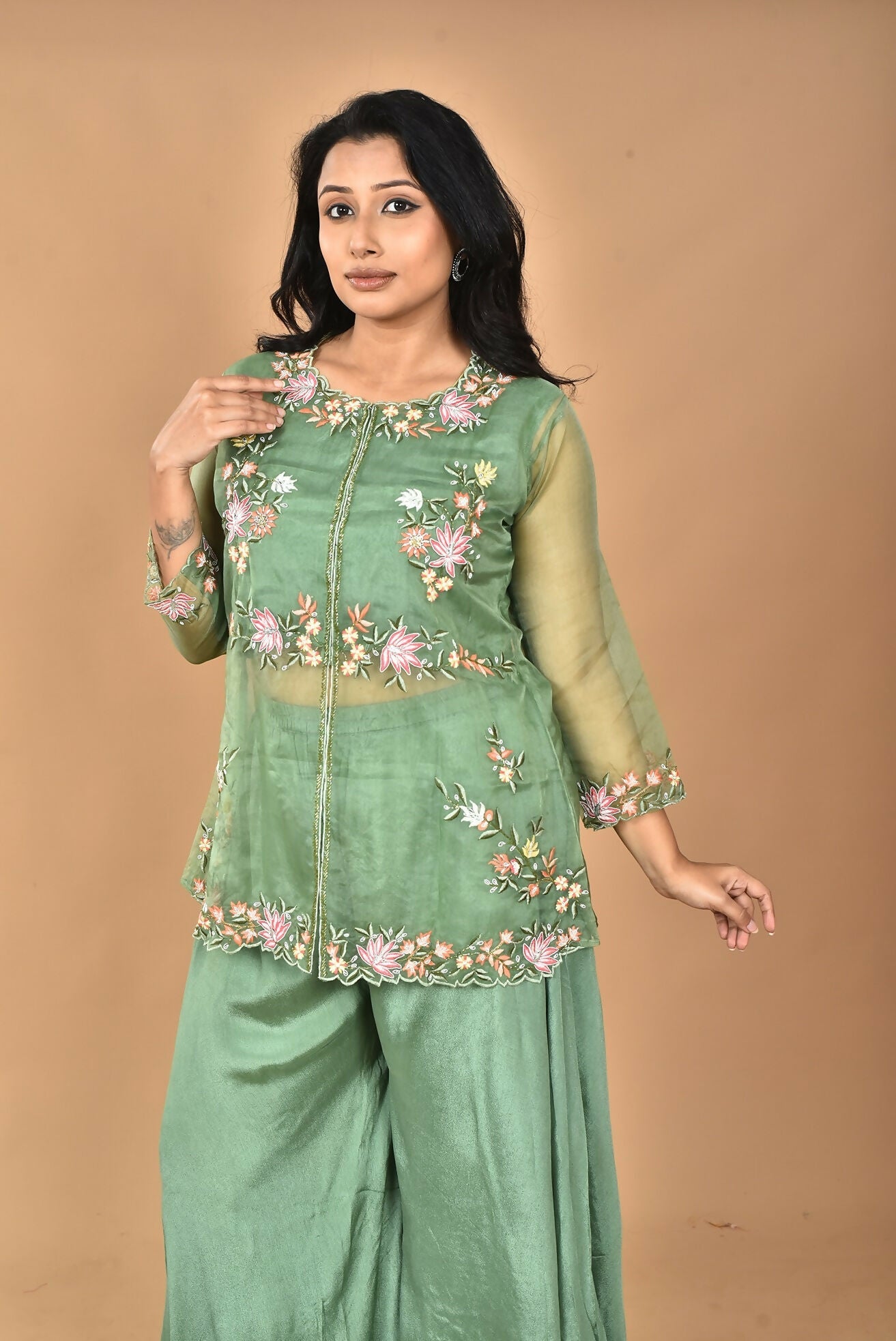 Morchari Women And Hand Embroidery Palazzo Set-Green - Swadesiicart