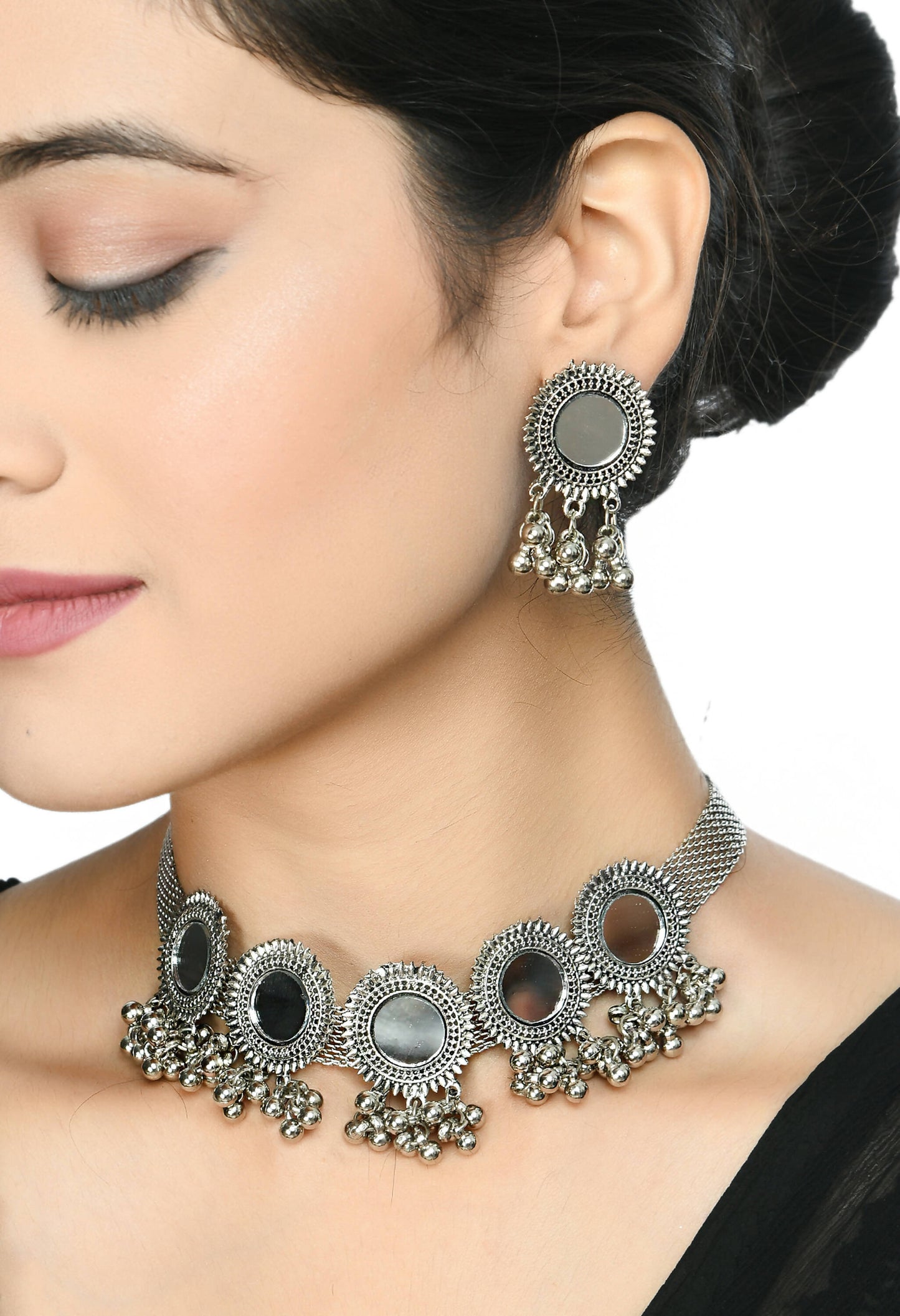 Mominos Fashion Johar Kamal Silver-Plated Brass Finish Mirror Work Women Choker | Swadesiicart