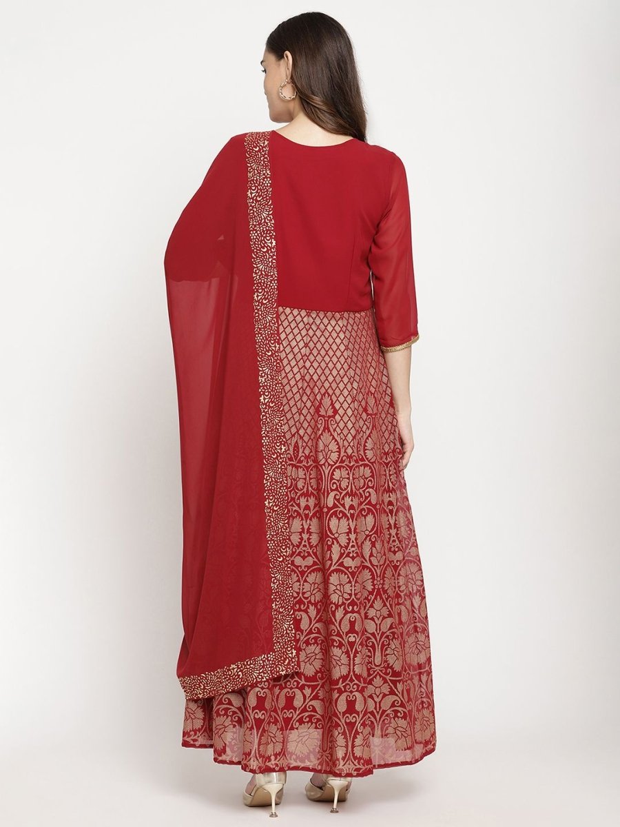 Ahalyaa Women's Maroon Georgette Gold Foil Print Flared Kurta With Dupatta | Swadesiicart