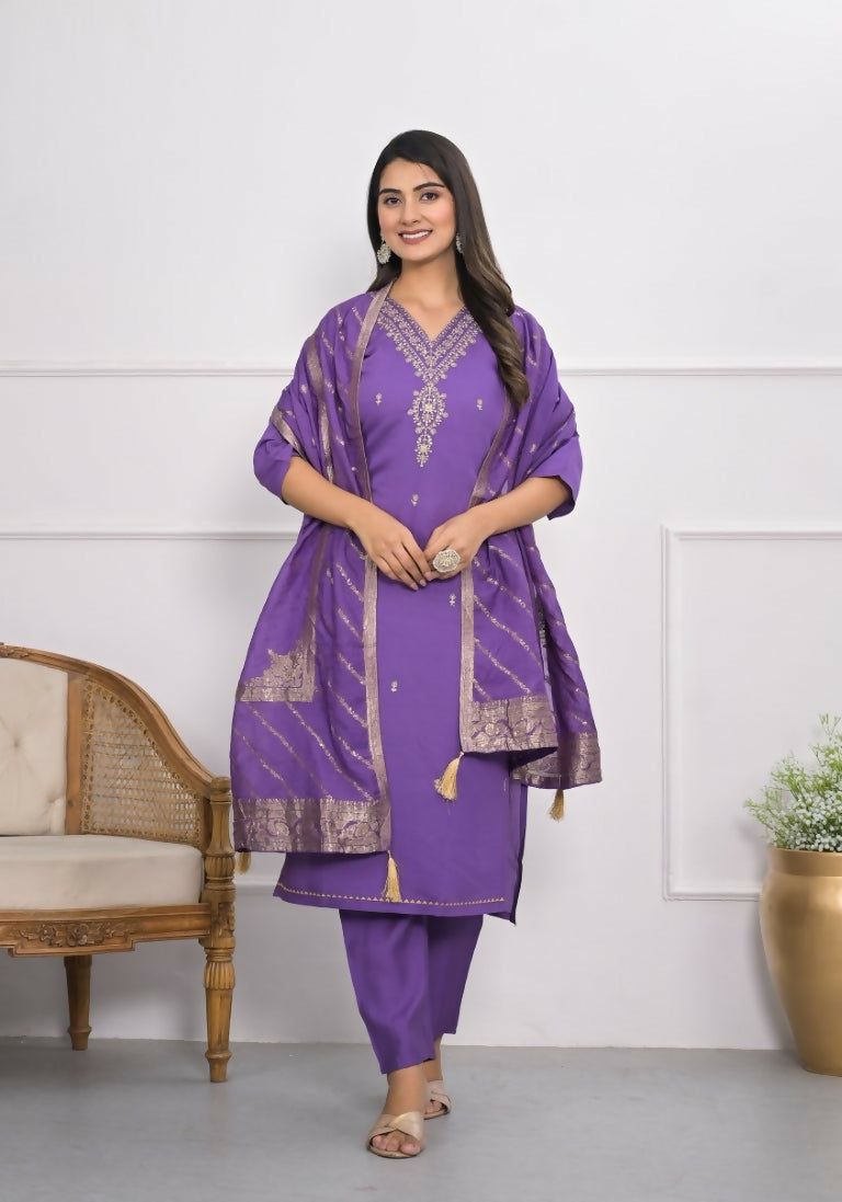 Purple Viscose Silk Embroidery with Thread and sequence Stitched Suit With Dupatta - Tanisha | Swadesiicart