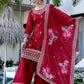 The52 Red Women's Gorgeous Embroidered Vichitra Silk Fabric Straight Kurta, Sharara and Dupatta Set - Swadesiicart