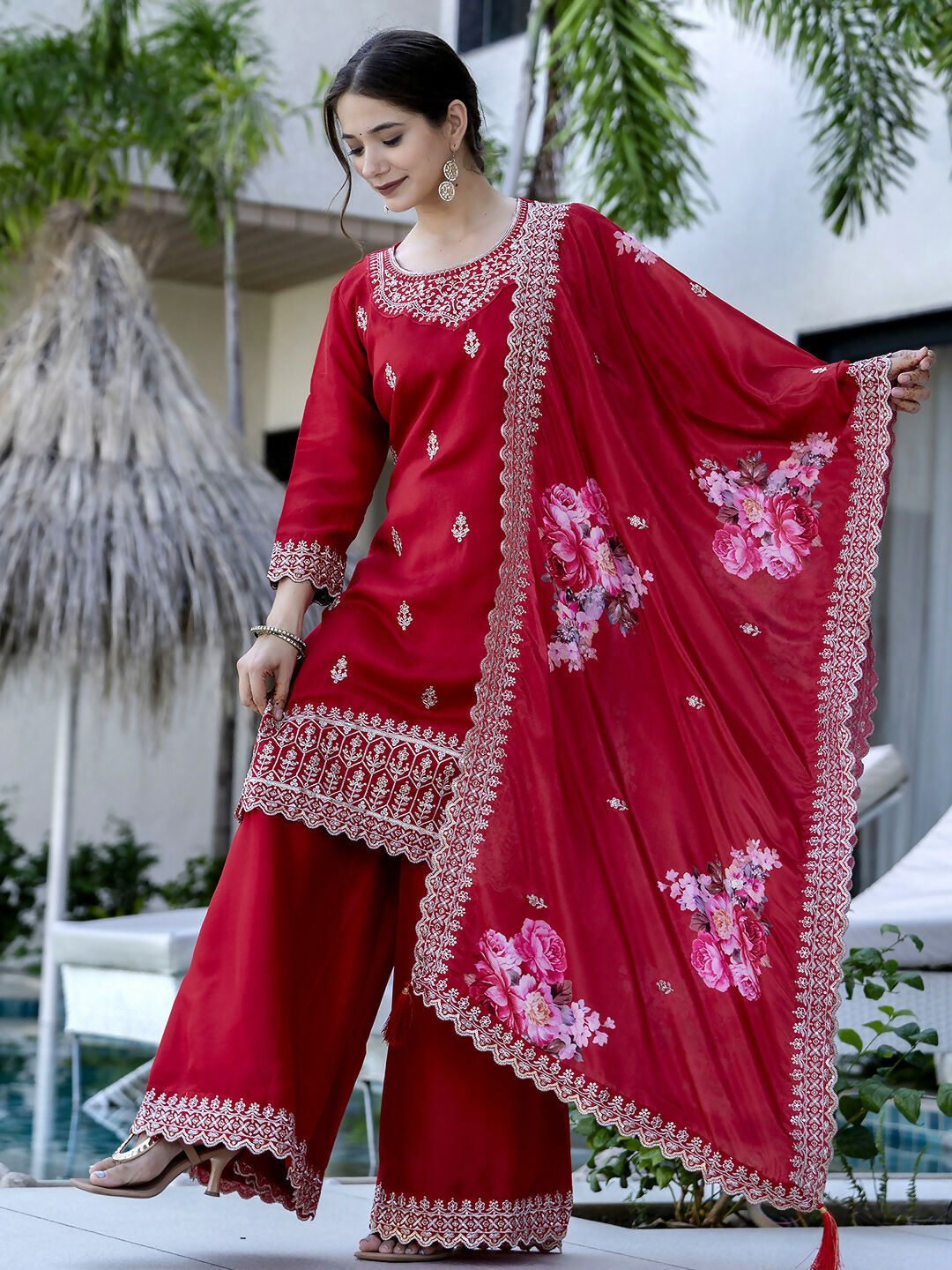 The52 Red Women's Gorgeous Embroidered Vichitra Silk Fabric Straight Kurta, Sharara and Dupatta Set - Swadesiicart