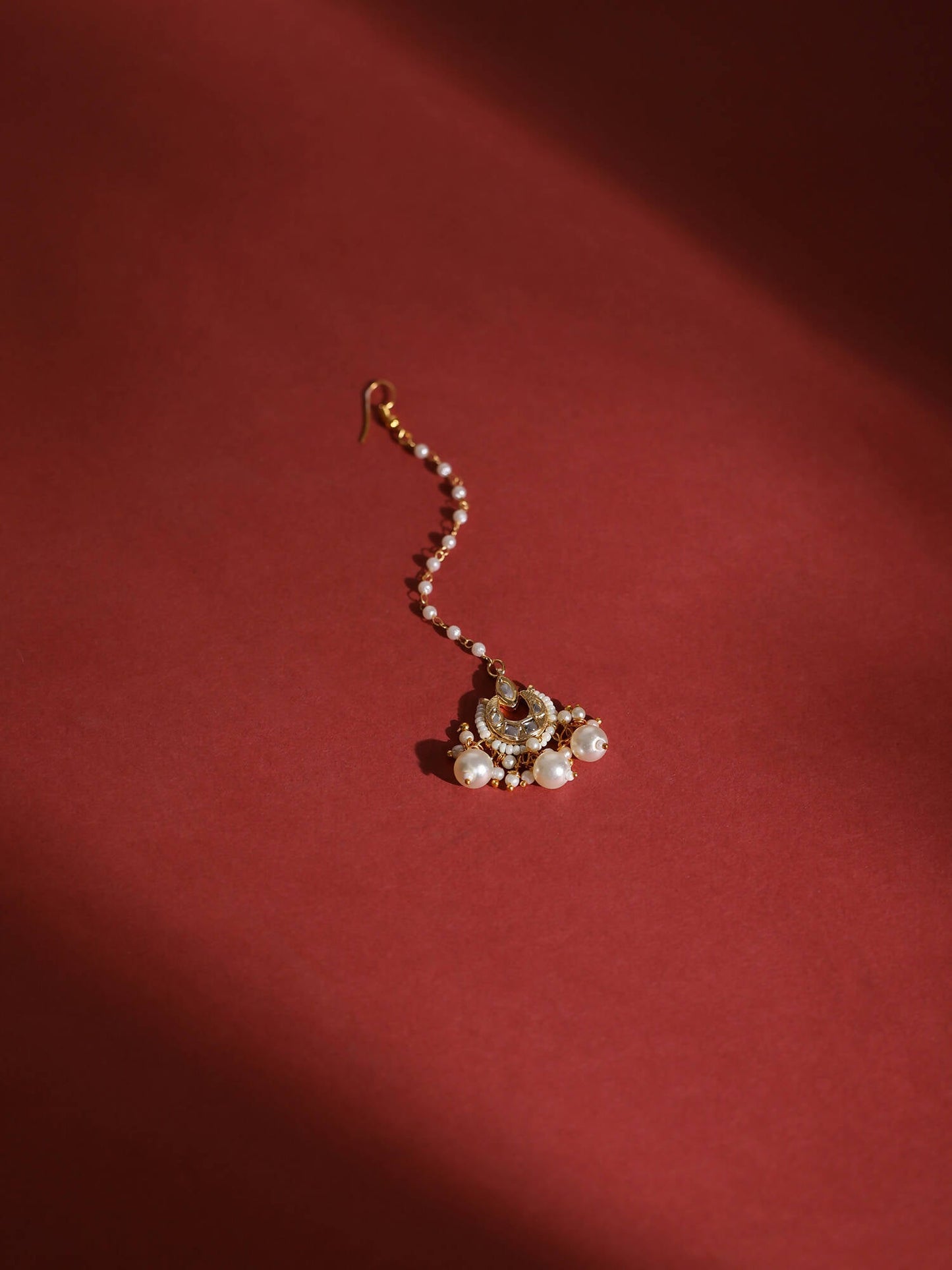 Gold-Polished White Kundan-Studded Beaded Layered Maang Tikka - Ruby Raang | Swadesiicart