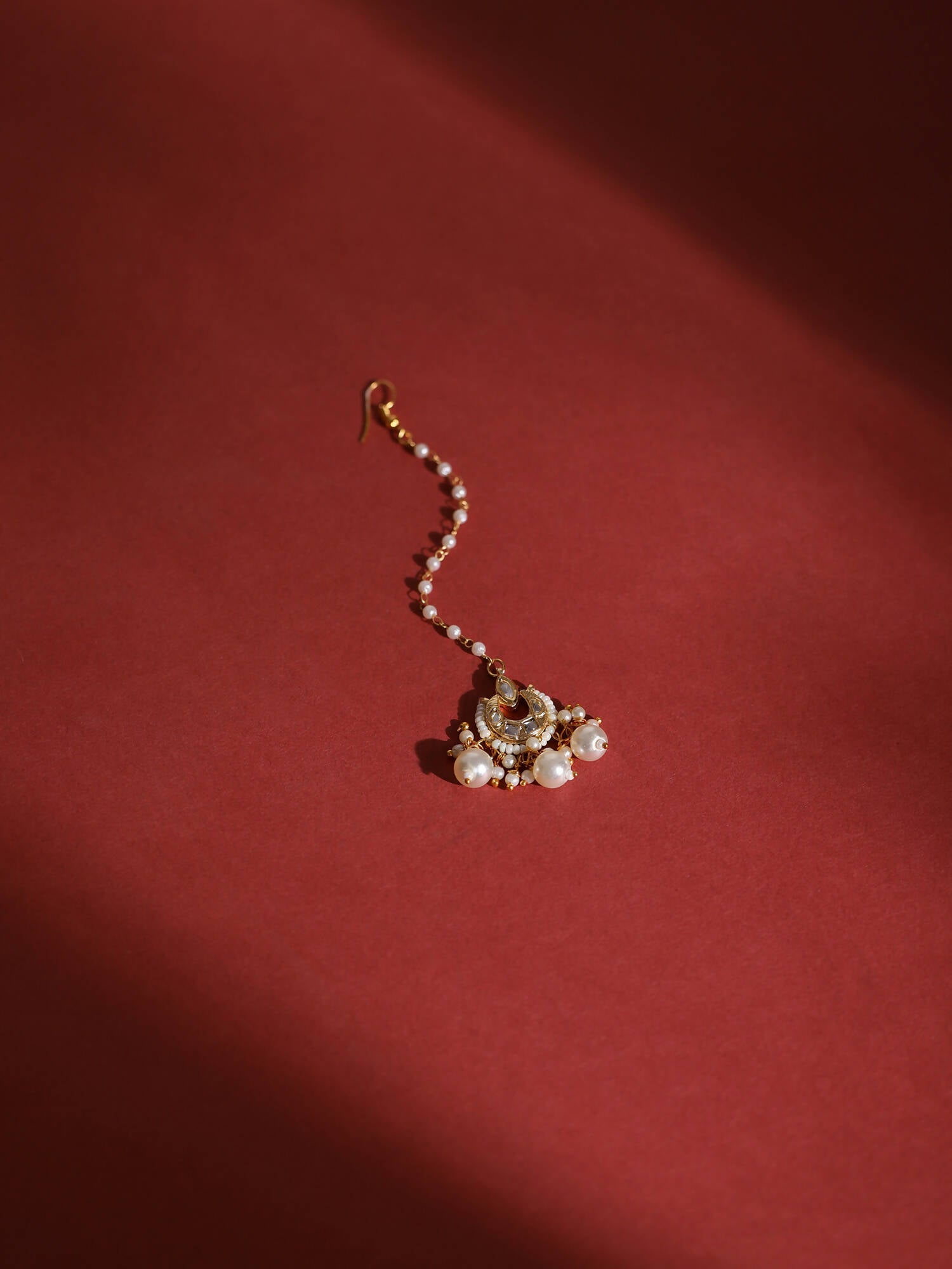 Gold-Polished White Kundan-Studded Beaded Layered Maang Tikka - Ruby Raang | Swadesiicart