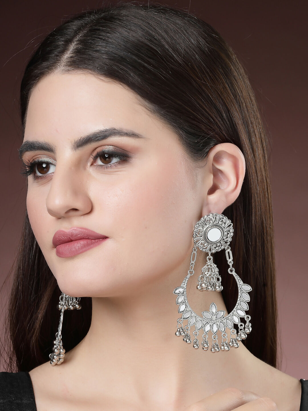 NVR Women's Silver-Plated Mirror Work Oxidised Chandbali Earrings | Swadesiicart