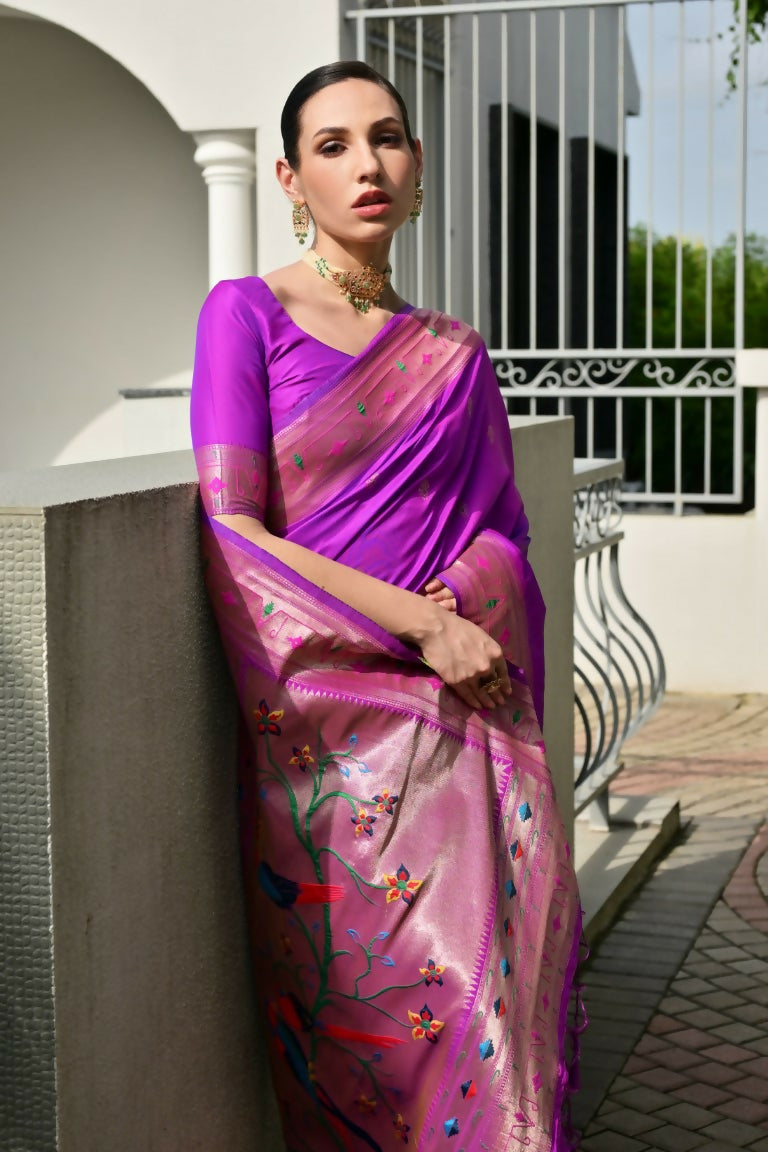 Vishnu Weaves Women's Purple Paithani Silk Zari Woven Saree with Blouse - Swadesiicart