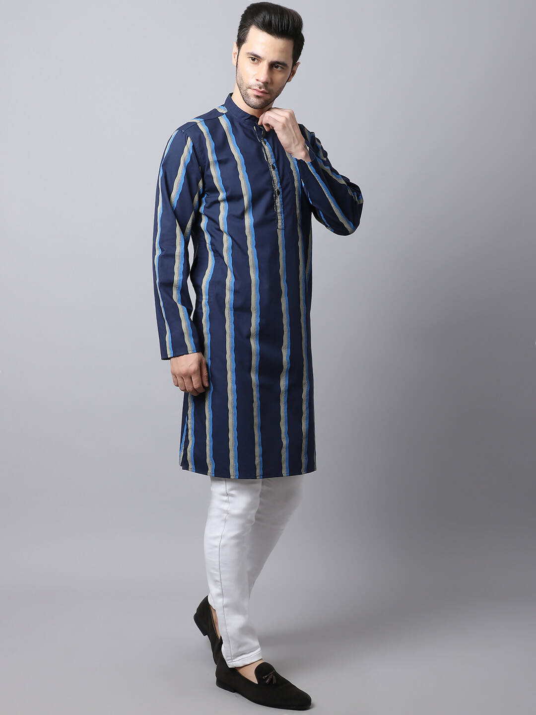 Even Apparels Navy Pure Cotton Men's Kurta With Band Collar (STR1169) | Swadesiicart