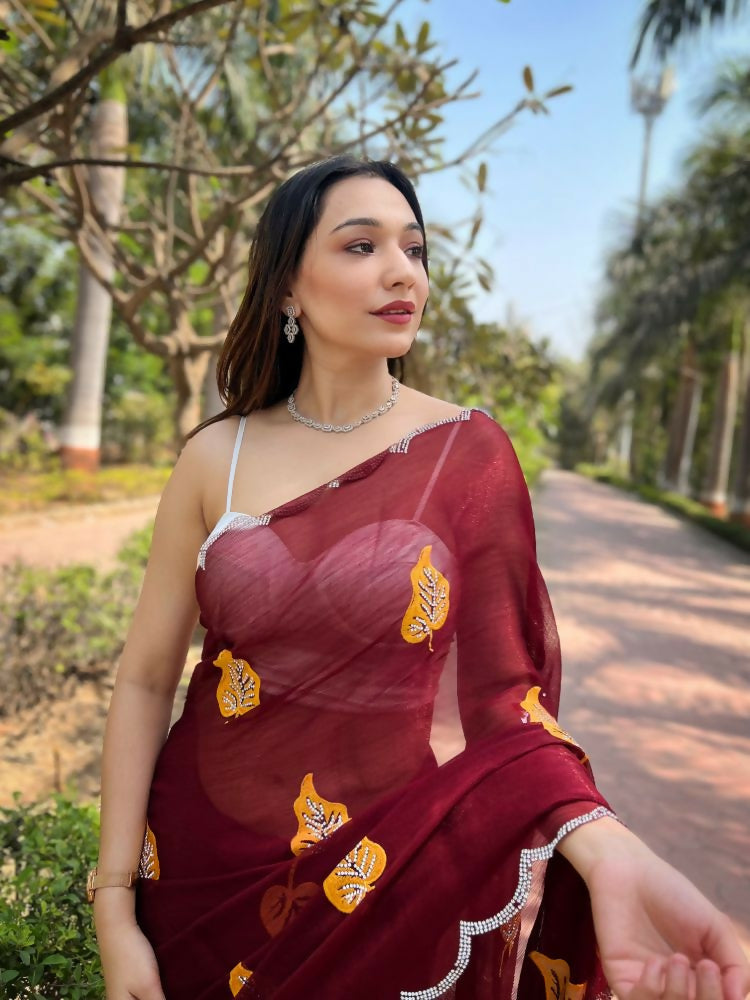 Vamsee Ashvini Maroon Chiffon Saree - Swadesiicart