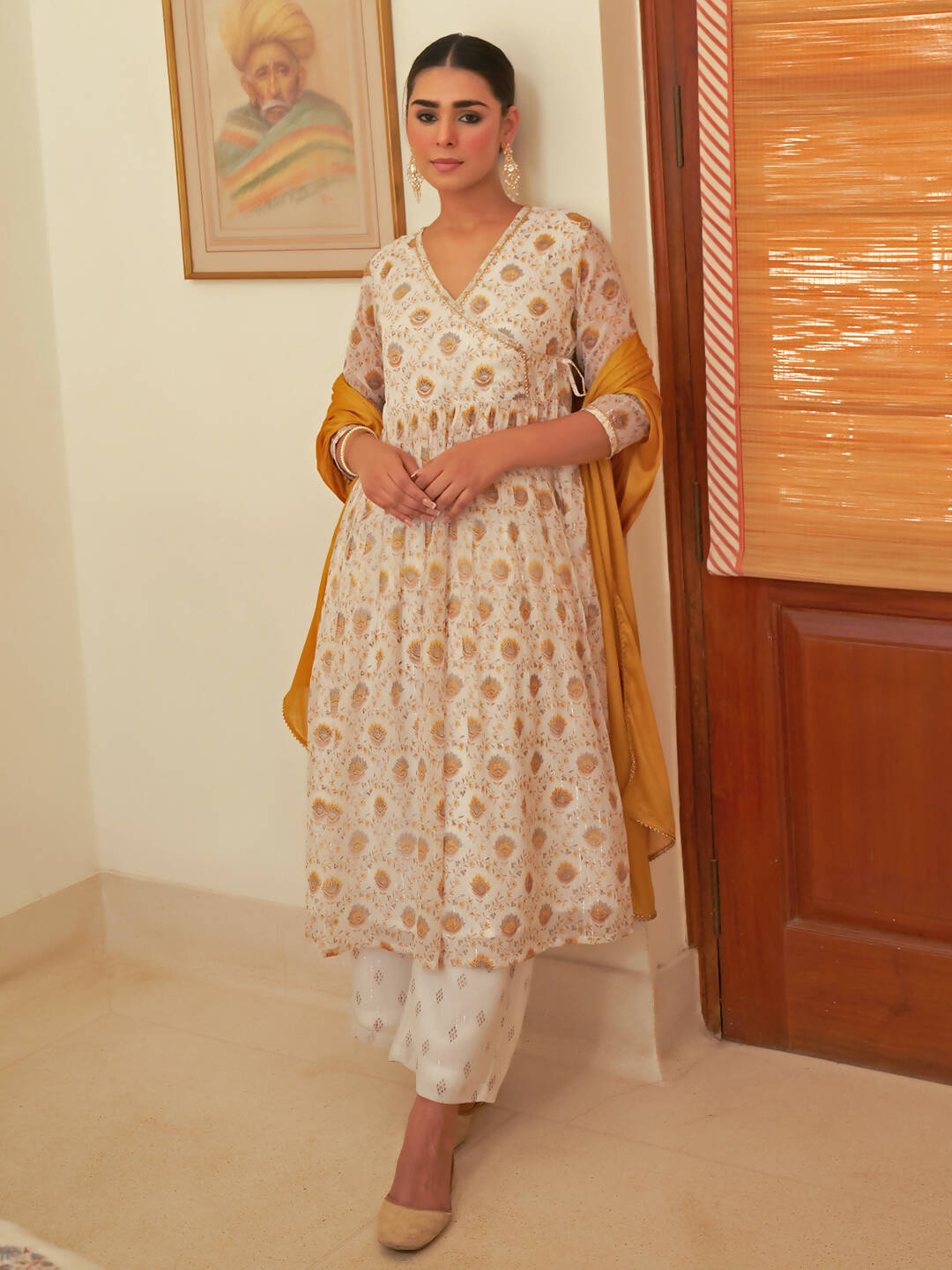 Janasya Women's White Chiffon Lurex Floral Printed Festive Flared Kurta Set | Swadesiicart