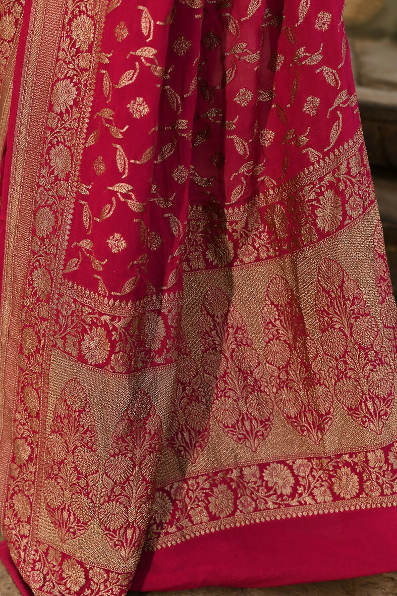 Joban Fashion Hot Pink Crepe Chiffon Banarasi Pure Handloom Banarasi Silk Saree | Swadesiicart