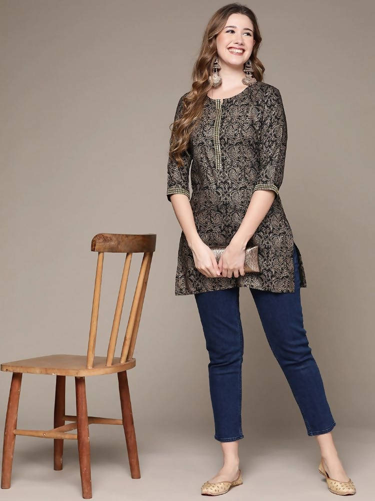 Anubhutee Black & Gold-Toned Ethnic Motifs Printed Kurti | Swadesiicart