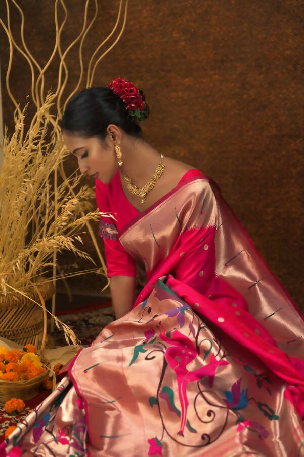 Vishnu Weaves Women's Pink Paithani Silk Zari Woven Saree with Unstitched Blouse - Swadesiicart