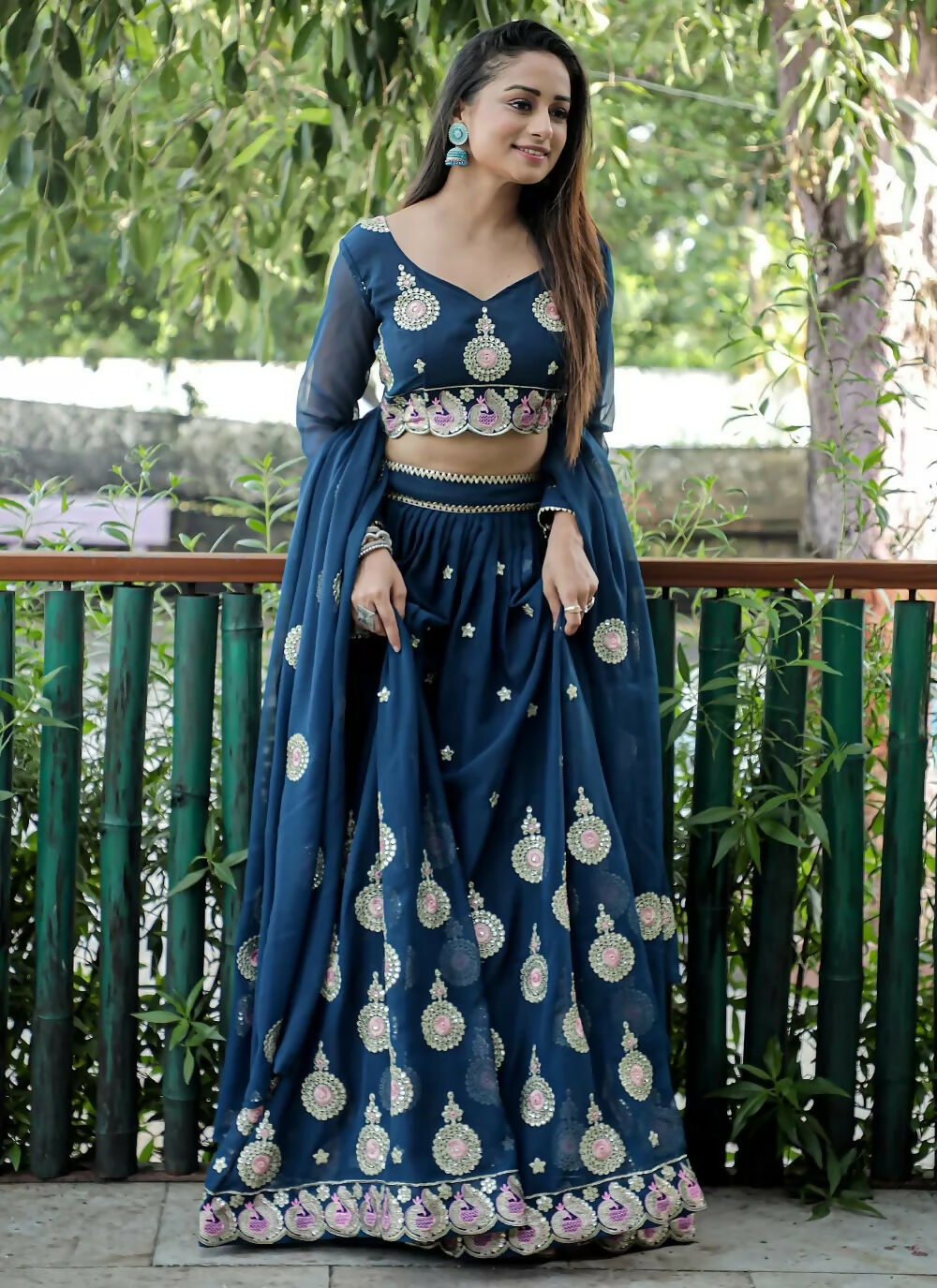 Jyoti Fashion Blue Sequence with Thread Zari Embroidery Georgette Lehenga Choli with Dupatta | Swadesiicart