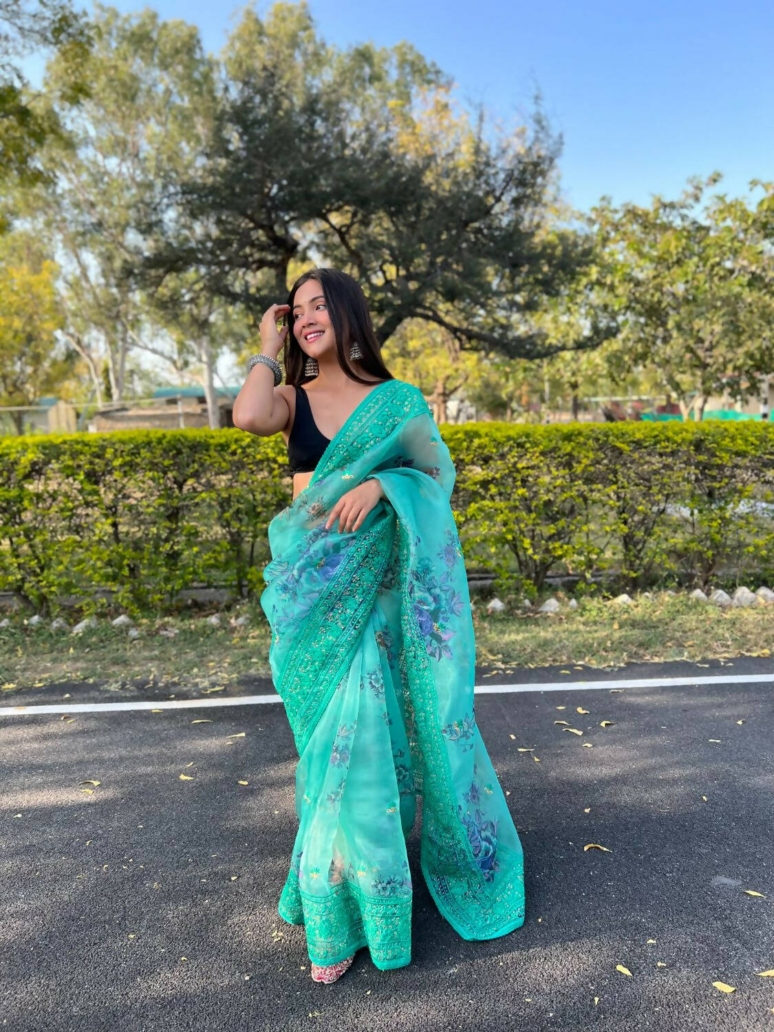 Vamsee Sea Green Organza Saree - Swadesiicart