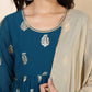 Janasya Women's Teal Blue Georgette Foil Printed Festive Flared Kurta Set | Swadesiicart