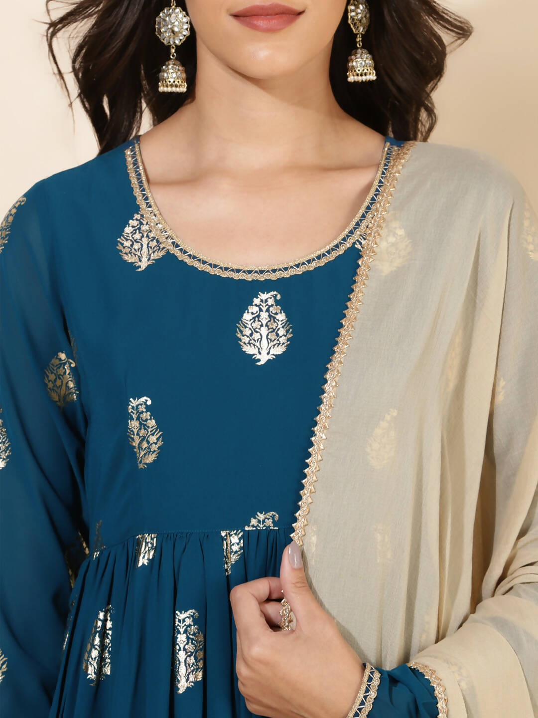 Janasya Women's Teal Blue Georgette Foil Printed Festive Flared Kurta Set | Swadesiicart