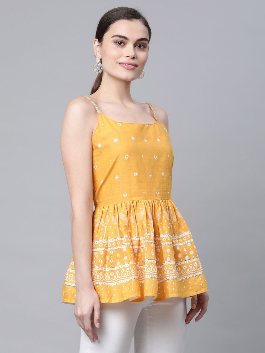 Ahalyaa Women Mustard Pure Cotton Porcian Print Shoulder Straps Tunic | Swadesiicart