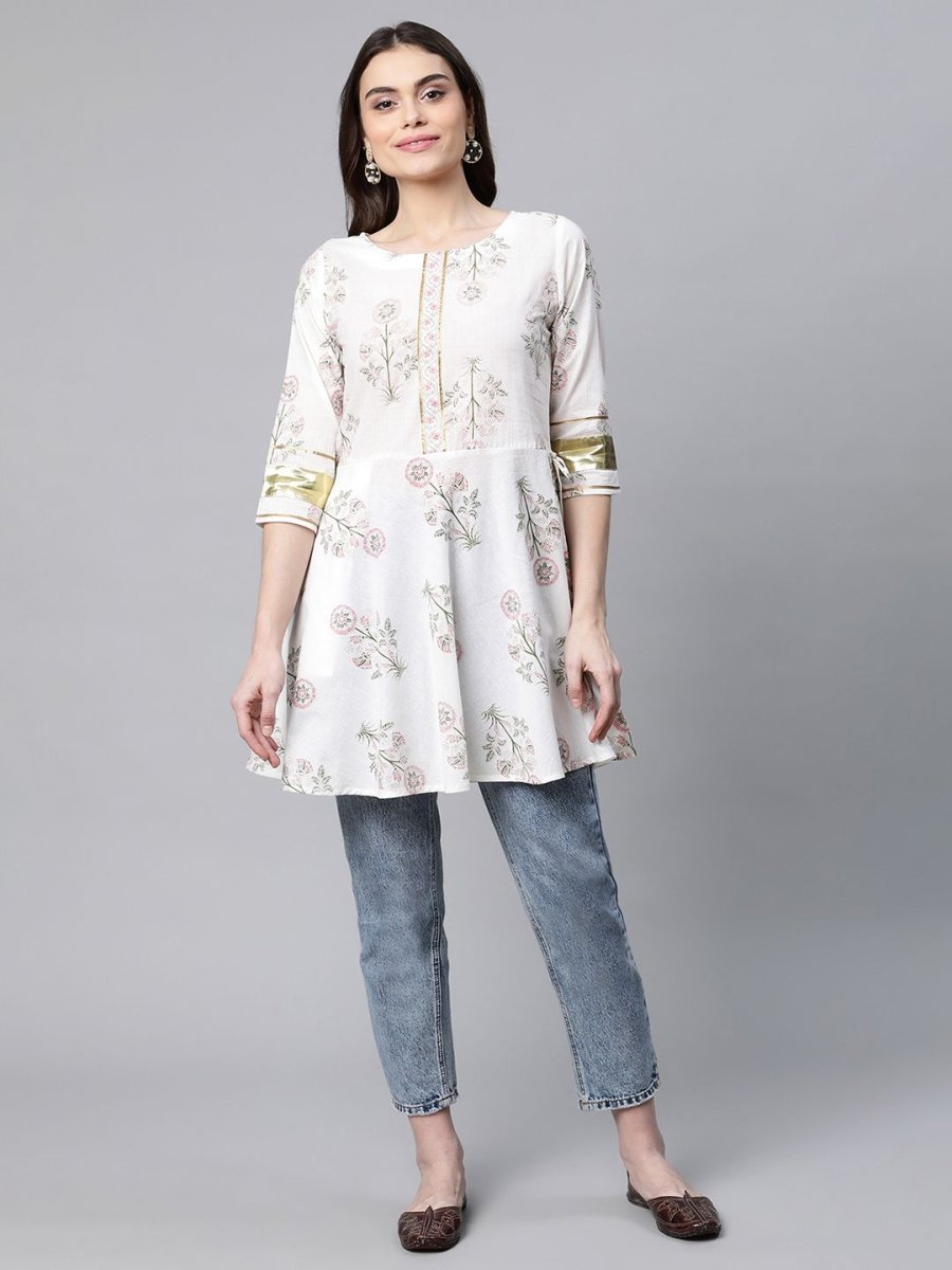 Ahalyaa Women Off White Pure Cotton Floral Printed Tunic | Swadesiicart