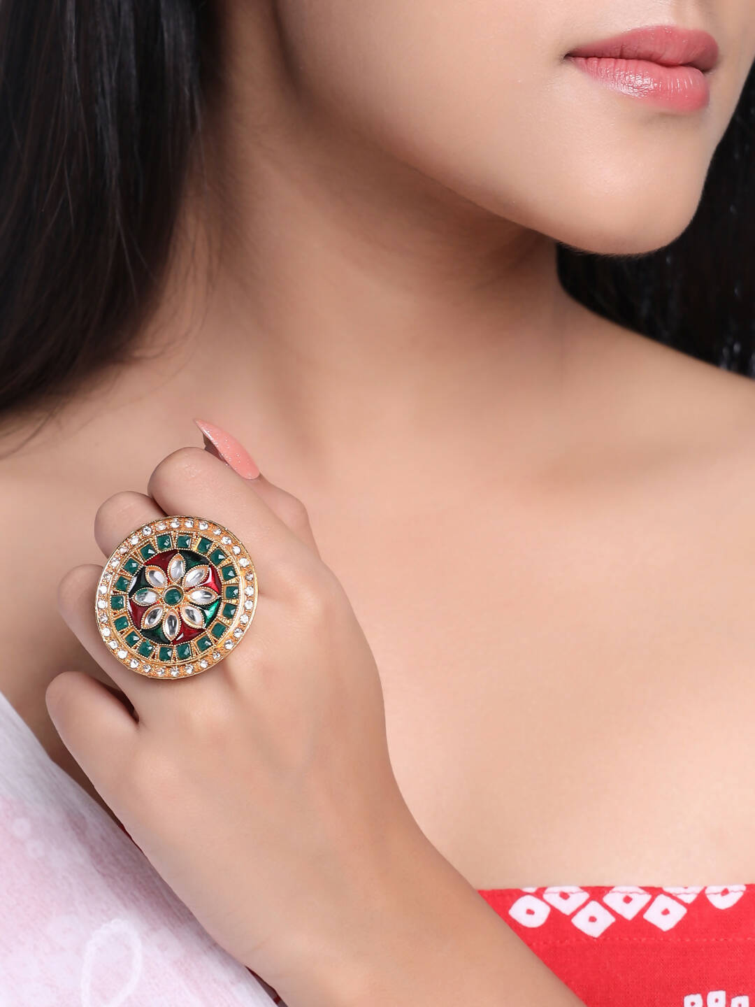 NVR Women's Traditional Kundan Meenakari Gold-Polished Ajustable Finger Ring | Swadesiicart