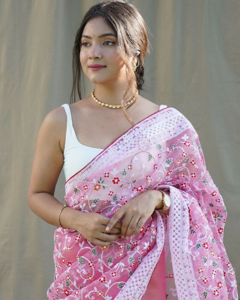 Vamsee Sombi Box Pink Organza Saree - Swadesiicart