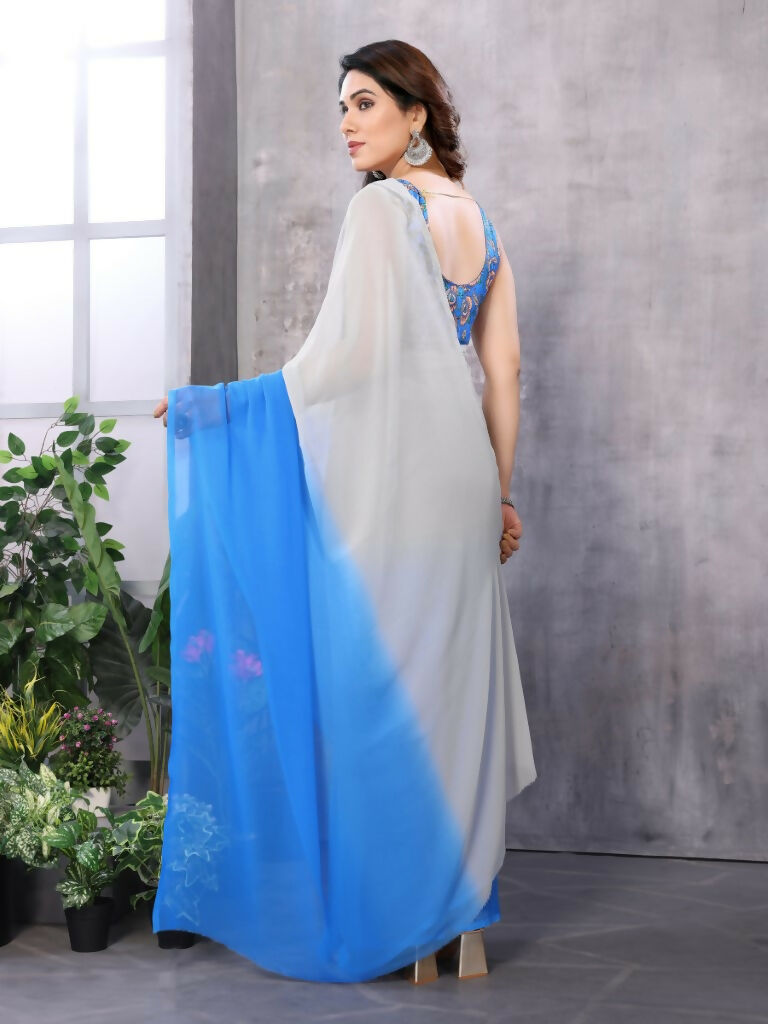 Partywear Designer White & Sky blue Georgette Fancy Saree - Satrangi | Swadesiicart
