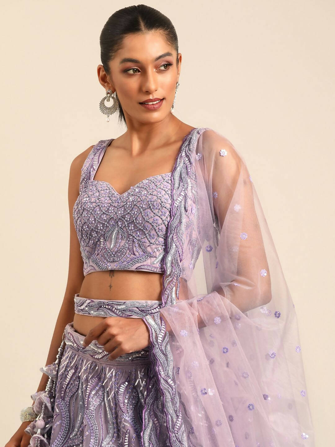 House of Panchhi Lavender Net Sequins and Zarkan embroidery Lehenga choli & Dupatta | Swadesiicart