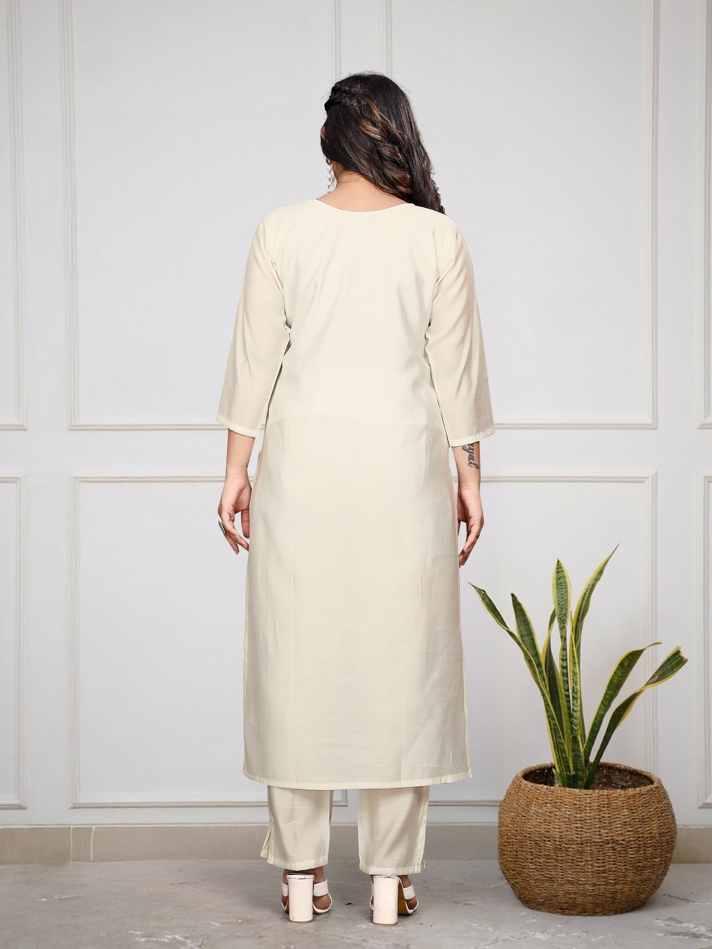 The52 Off White Beautiful Embroidered Viscose Chanderi Fabric Straight Kurta Pant with Dupatta Set - Swadesiicart