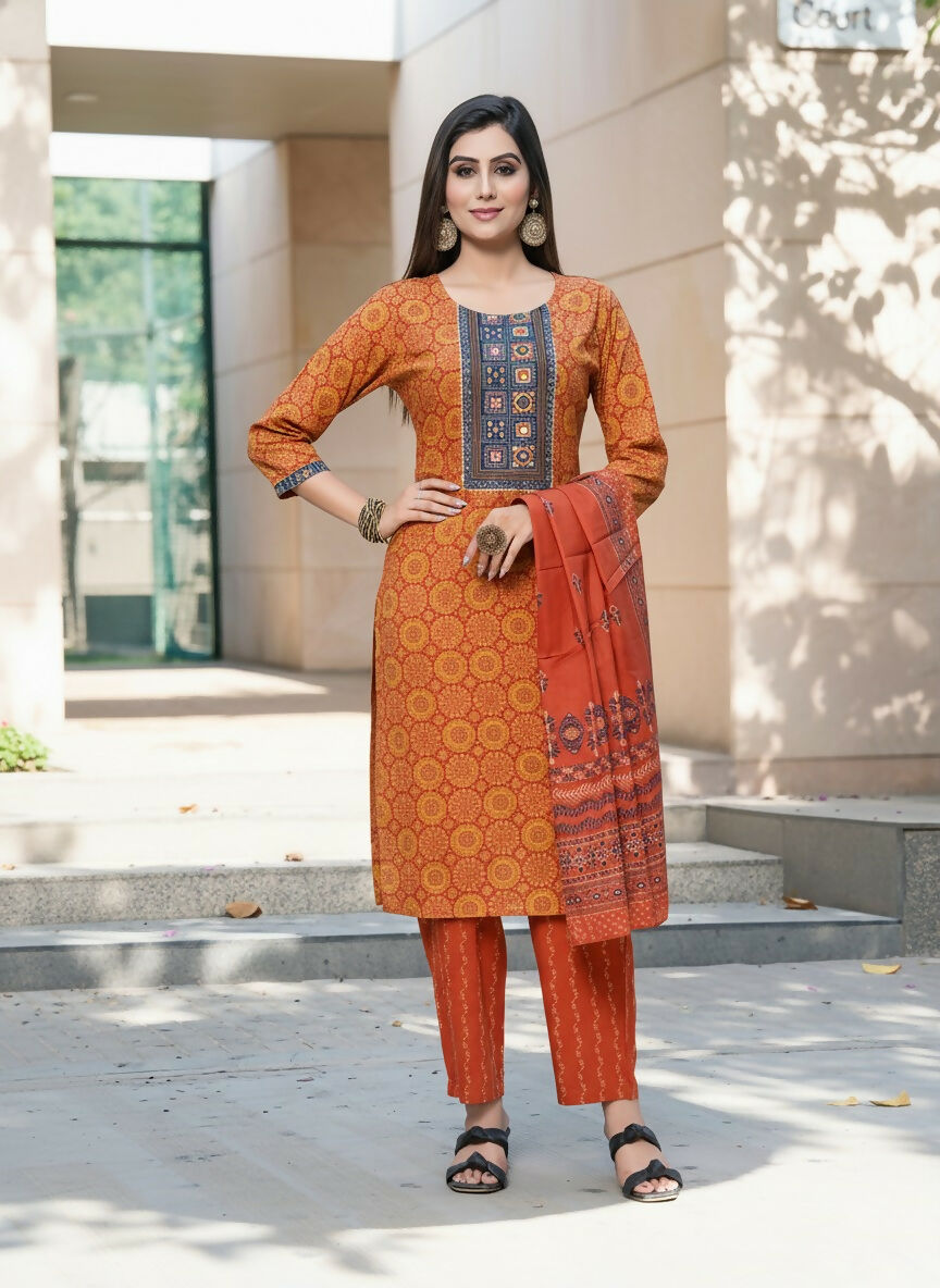 BulBul Aaliya Rust Cotton Kurta Set with Dupatta - Swadesiicart