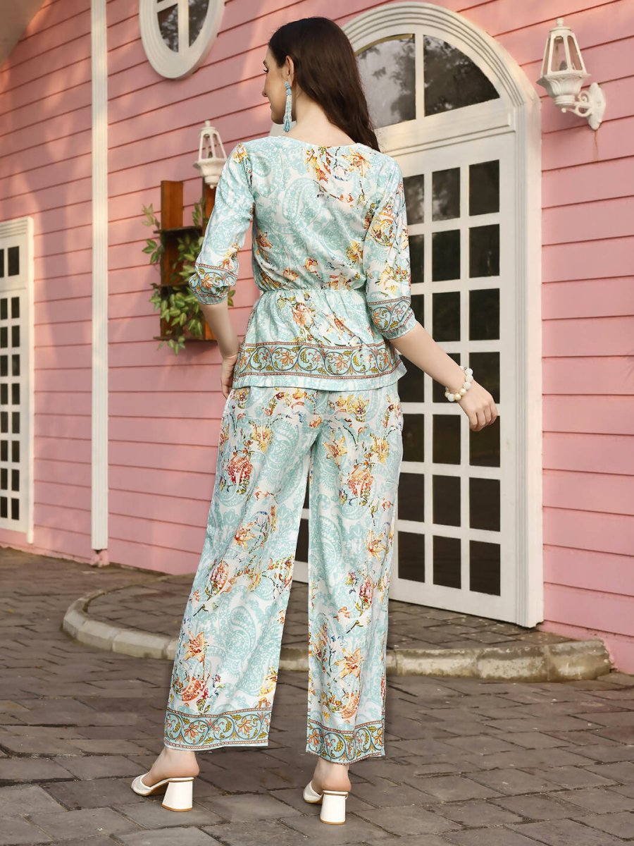 Aqua Blue Rayon Paisley & Floral Printed Top with Matching Bottom - Eesha - Swadesiicart