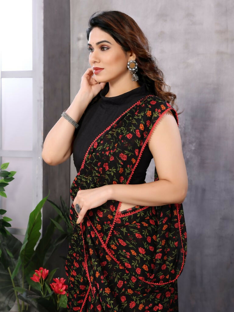 Partywear Designer Black & Red Georgette Fancy Saree - Satrangi | Swadesiicart