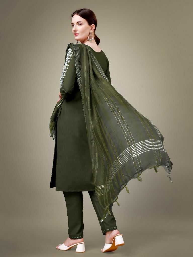 Jyoti Fashion Women's Dark Green Cotton Blend Embroidery & Sequence work Kurta with Trouser & Dupatta | Swadesiicart