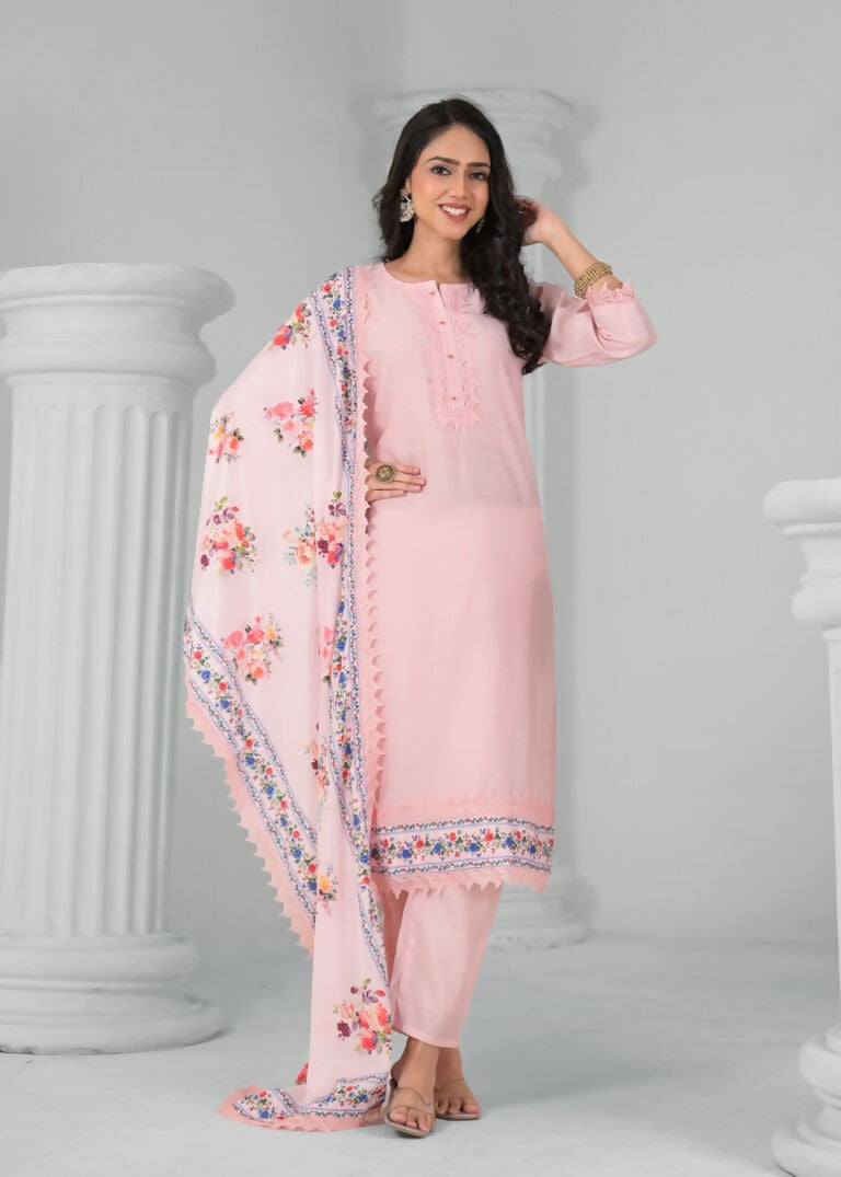 Ethnic Festive Wear Chanderi Viscose Light Peach Stitched Suit With Dupatta - Tanisha | Swadesiicart