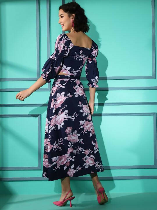 Blue Crepe Floral Printed Top with Matching Skirt - Shivani