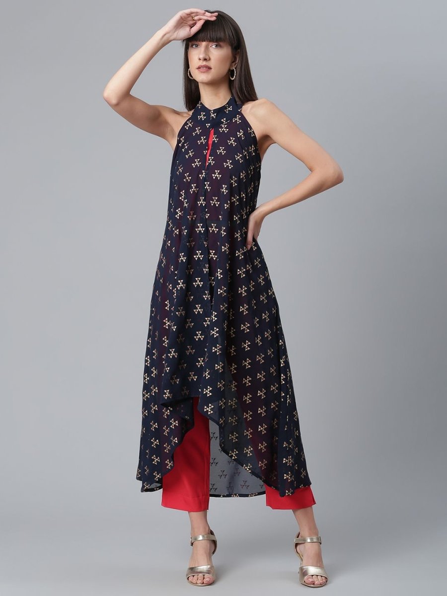 Ahalyaa Women Red Crepe Solid kurta Pant with Printed Jacket | Swadesiicart