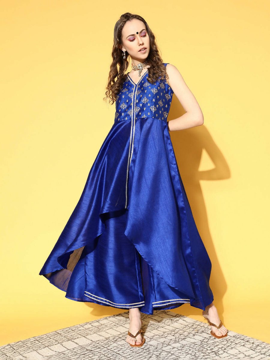Ahalyaa Women Royal Blue Colour Poly Silk Printed Kurta Palazzo Set | Swadesiicart