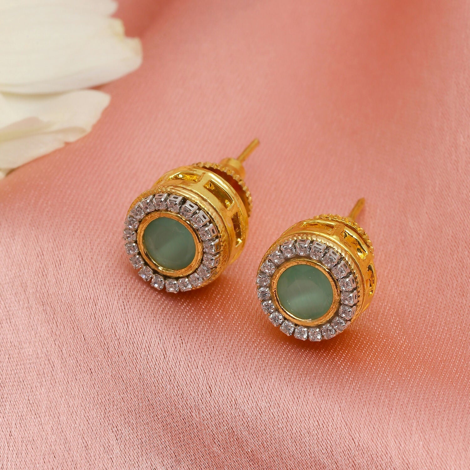 Green Round Daimond and Stone Studs (Green) - Ruby Raang | Swadesiicart