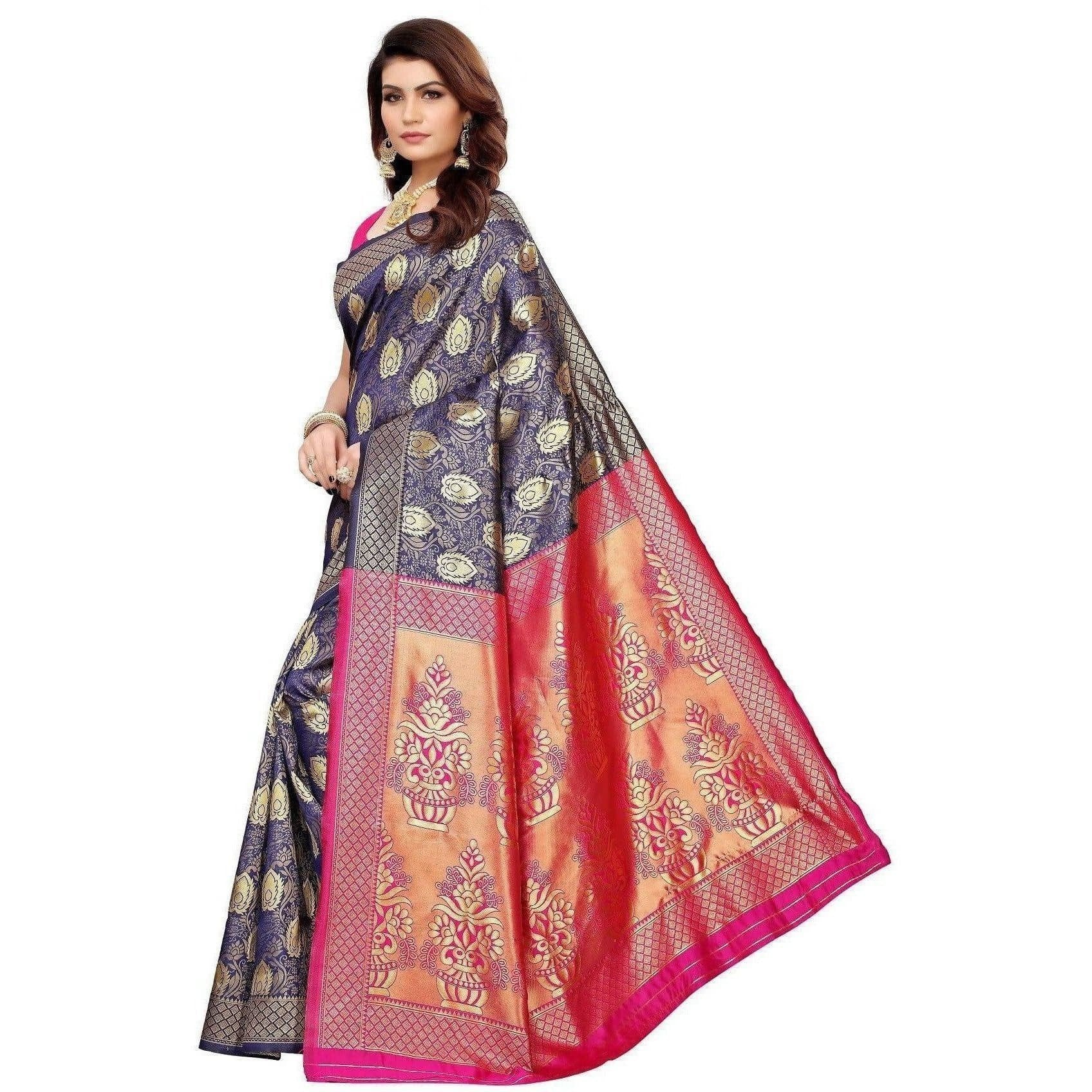 Vamika Banarasi Jaquard Blue Weaving Saree (BANARASI 04) | Swadesiicart