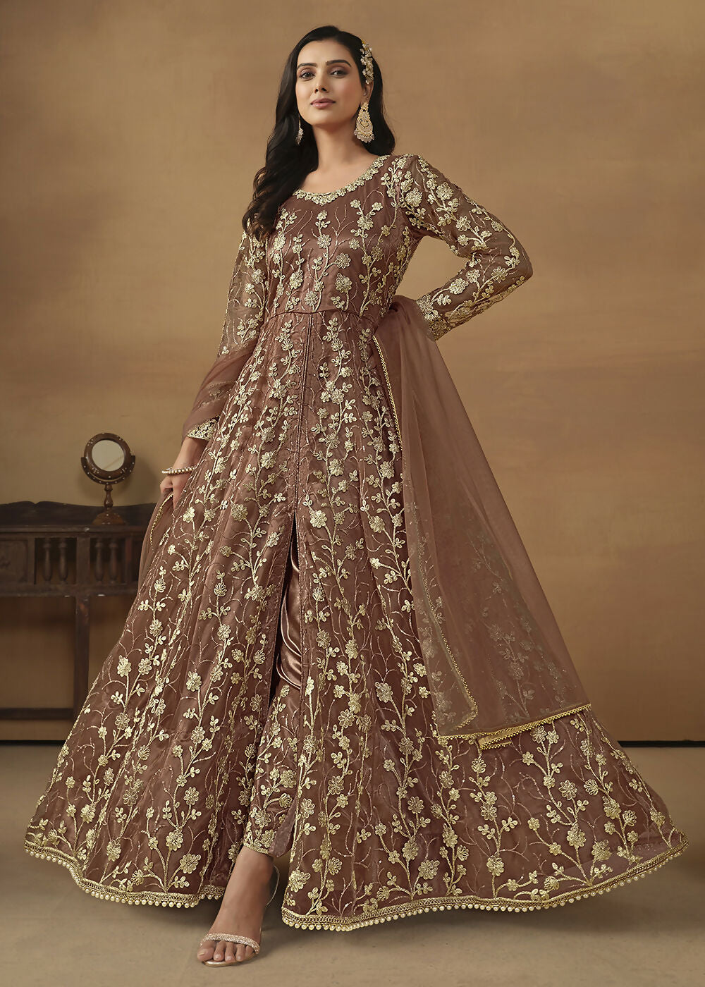 Pant Style Snuff Brown Embroidered Net Wedding Anarkali Suit - Emponline | Swadesiicart
