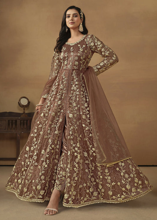 Pant Style Snuff Brown Embroidered Net Wedding Anarkali Suit - Emponline | Swadesiicart