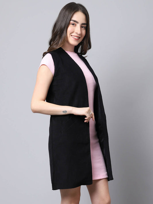 Even Apparels Black Polywool Open Front Corduroy Women's Long Coat | Swadesiicart