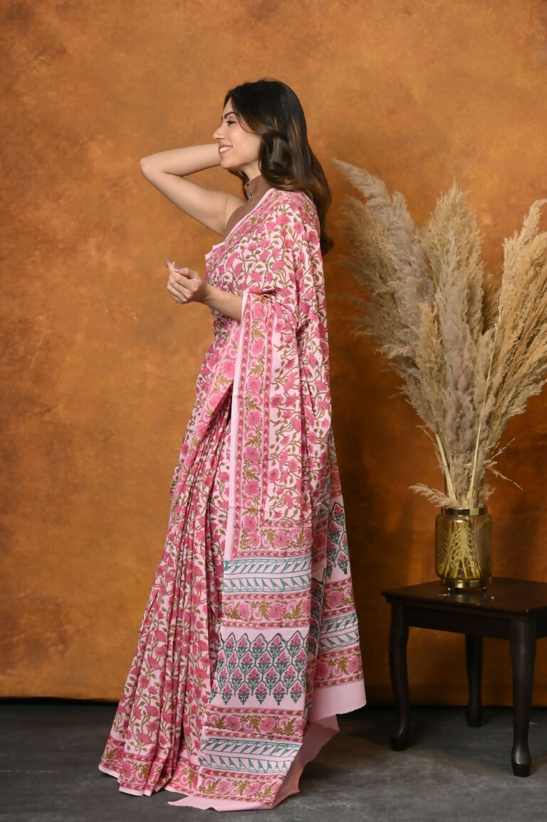Very Much Indian Pure Cotton Handblock Printed Saree - Light Pink | Swadesiicart