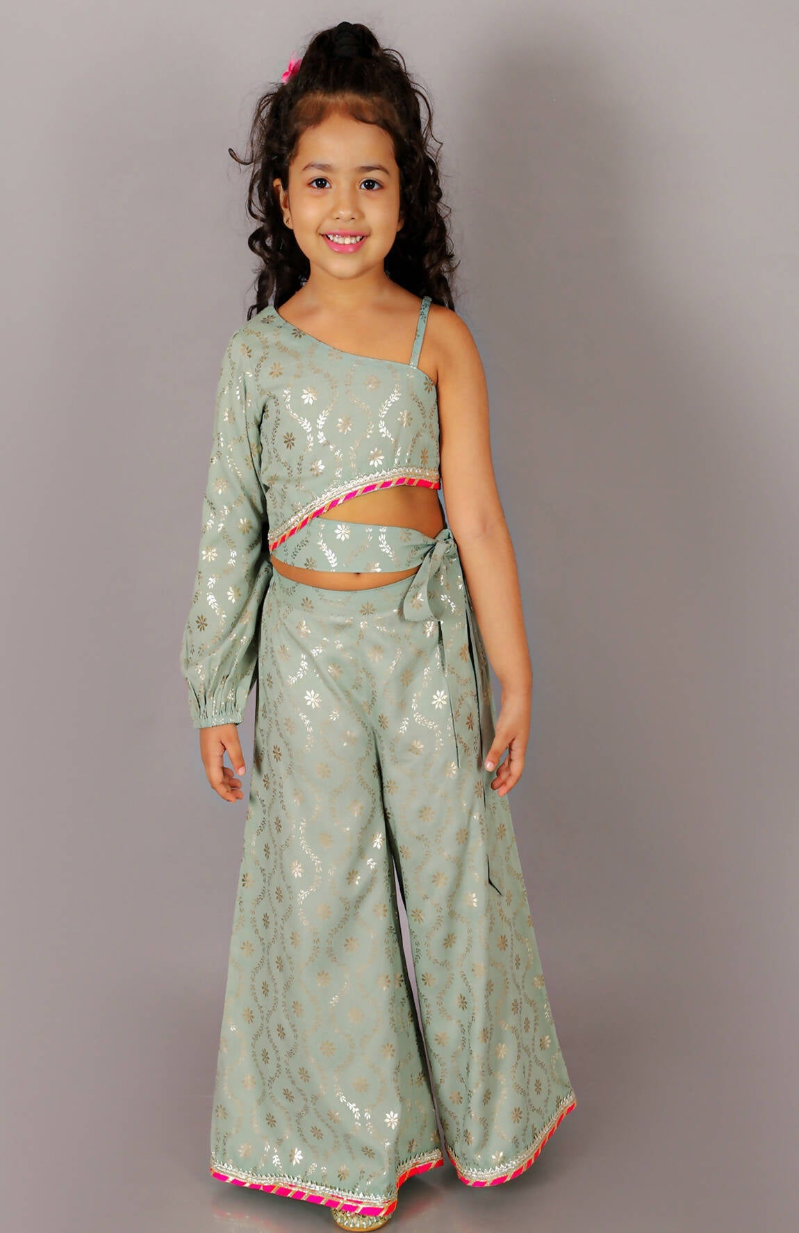 Lil Drama Fusion Fair Girls Green Crop Top With Palazzo Co-Ordinate Set - Swadesiicart