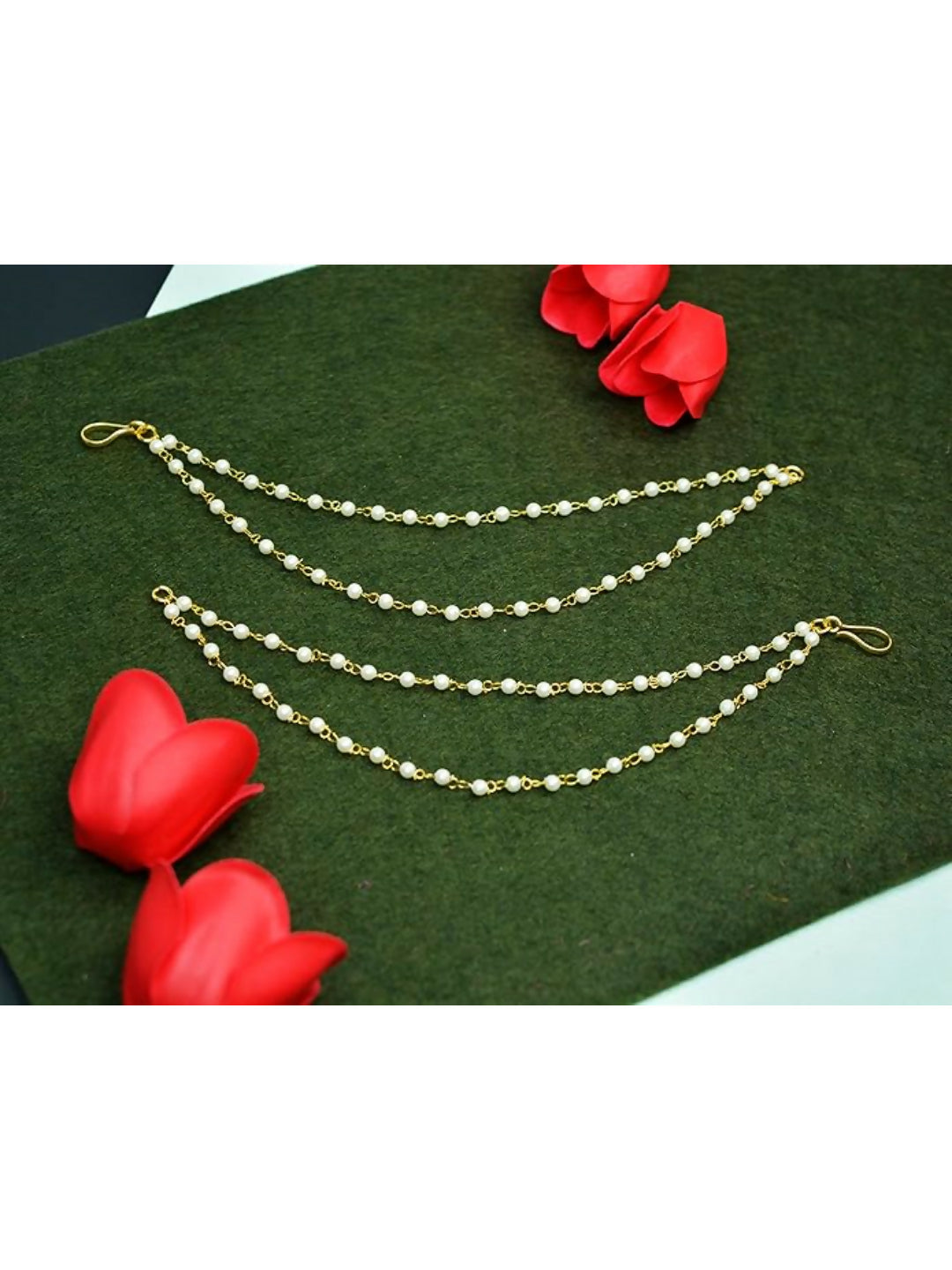 NVR Pearl Studded Classic Gold-Polished 2 Line Ear Chain Ear Cuff | Swadesiicart