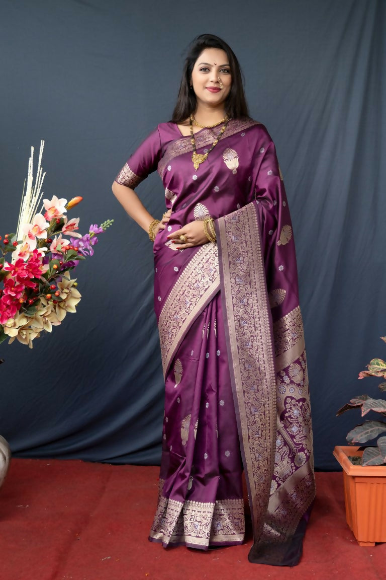 Jyoti Fashion Women's Wine Paithani Silk Zari Woven Saree with Blouse | Swadesiicart