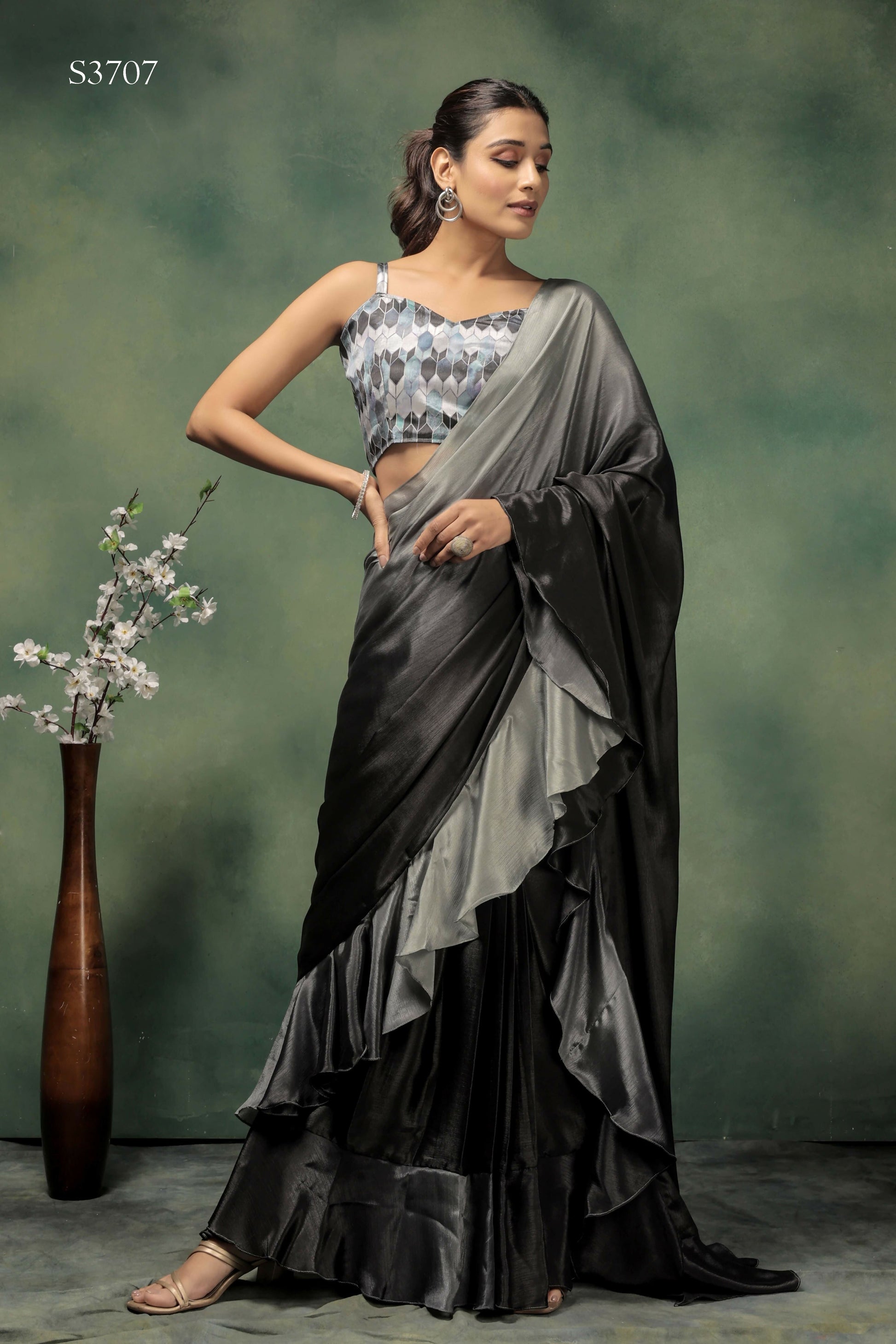 Grey Satin Solid Designer, Printed Party Wear Ready To Wear Saree - Nasreen | Swadesiicart